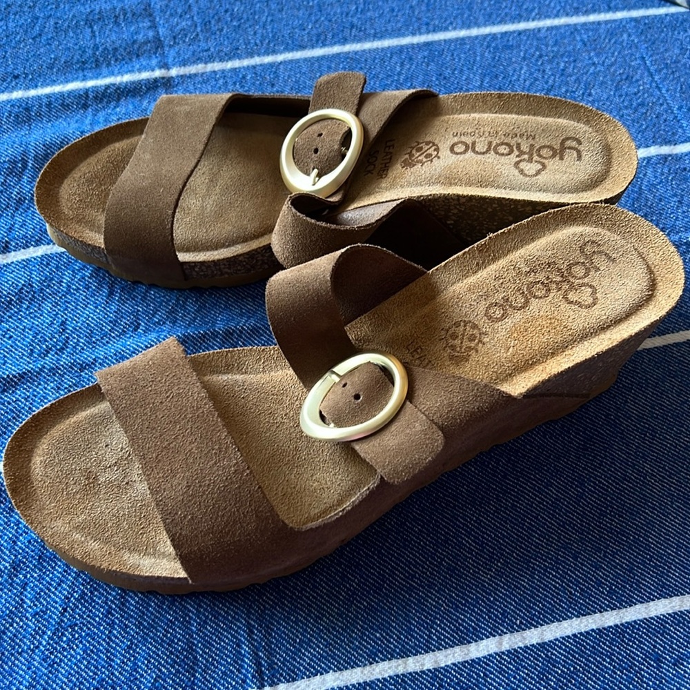 Suede leather wedge brown comfort sandal yokono size 9